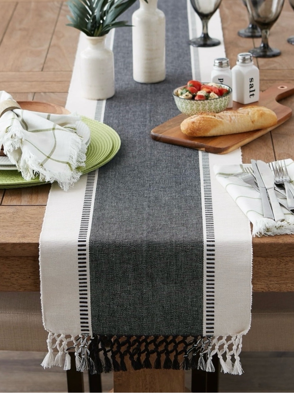 Fringed Cotton Table Runner in Charcoal and Cream